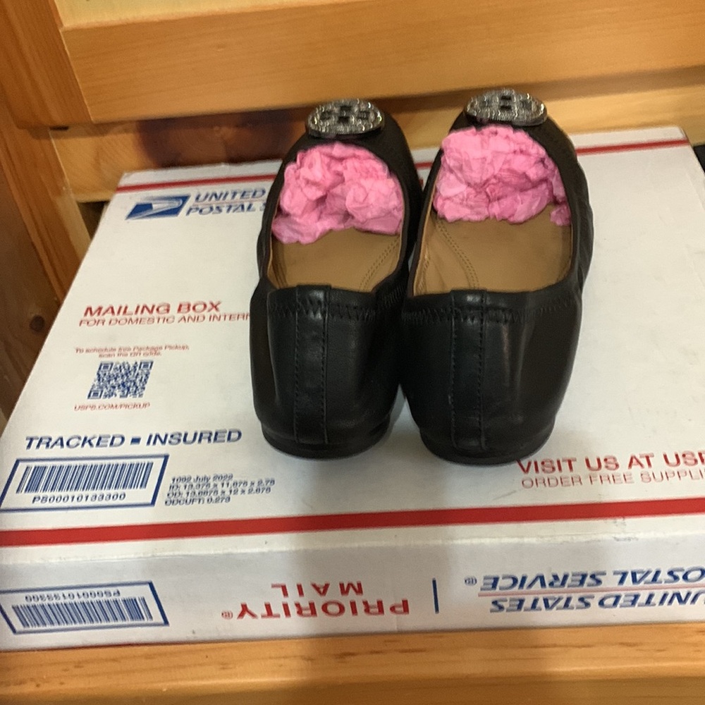 Tory Burch Black Leather Sparkle Logo Flats - Picture 3 of 6